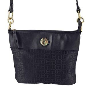 TOMMY HILFIGER Monogram Fabric Faux Smooth Black Leather Crossbody Shoulder Bag